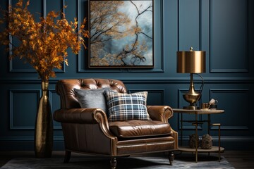 The interior of a modern living room features an accent coffee table, a classical patterned armchair with a fur plaid, all set against a blue paneled wall, creating a home design - Powered by Adobe
