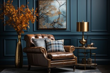 The interior of a modern living room features an accent coffee table, a classical patterned armchair with a fur plaid, all set against a blue paneled wall, creating a home design