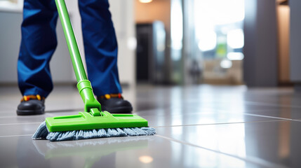 Fototapeta premium Low section of a person cleaning floor with wet mop at home.