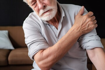 Fototapeta premium senior old man hand holding his elbow suffering from elbow pain at home. old age, health problems