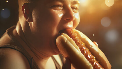 Hefty man indulging in a hot dog bite - obrazy, fototapety, plakaty