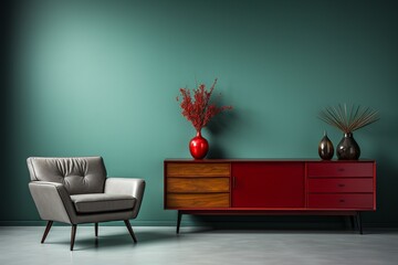 The interior of a modern living room includes a sideboard against a green wall, with a dresser and a red armchair, representing home design with curtains