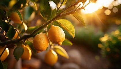 Macro shot of a lemon tree branch arching ripe lemons