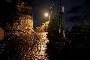 Rolgordijnen wet cobblestone street in the Lebanon village Broummana at night © Erich
