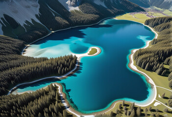 landscape of a large lake, blue water in the mountains - obrazy, fototapety, plakaty