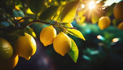 Macro shot of a lemon tree branch arching ripe lemons - obrazy, fototapety, plakaty