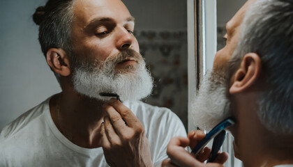 Silver-bearded man trims beard by the mirror with skilled care