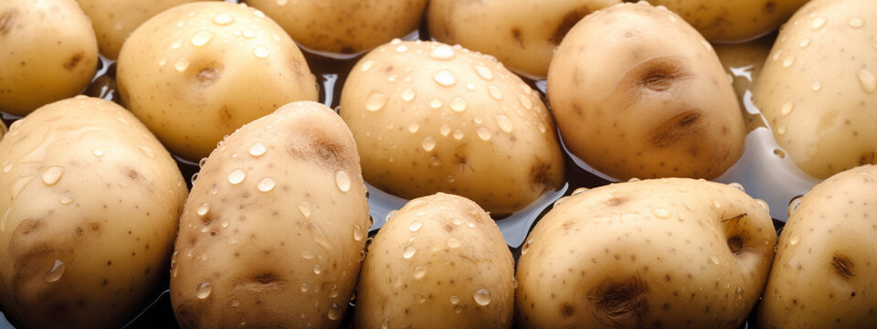 close up of potatoes in water drops