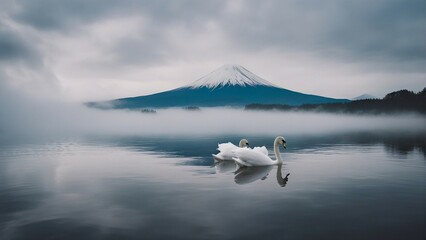White swans swimming in the foggy and cloudy lake, with Mount Fuji in the background

