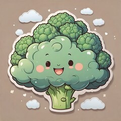 Cute stickers, cartoon style, 2D, detailed illustration of broccoli.