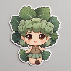 Cute stickers, cartoon style, 2D, detailed illustration of broccoli.