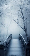 the bridge with snow covered trees,