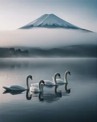 Foto op Aluminium White swans swimming in the foggy and cloudy lake, Mount Fuji in the background  © abu