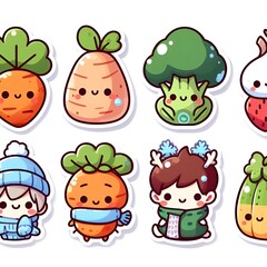Set of stickers or patches with diet food, fruits, vegetables, on a white background, cute characters. Isolated elements for design, flat vector illustration.