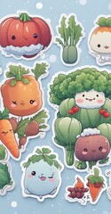 Set of stickers or patches with diet food, fruits, vegetables, on a white background, cute characters. Isolated elements for design, flat vector illustration.