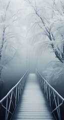 the bridge with snow covered trees,