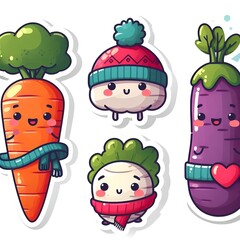 Set of stickers or patches with diet food, fruits, vegetables, on a white background, cute characters. Isolated elements for design, flat vector illustration.