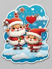 Cute stickers, cartoon style, 2D, detailed illustrations of reindeer and Christmas Uncle Santa Claus.