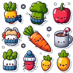 Set of stickers or patches with diet food, fruits, vegetables, on a white background, cute characters. Isolated elements for design, flat vector illustration.
