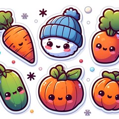 Set of stickers or patches with diet food, fruits, vegetables, on a white background, cute characters. Isolated elements for design, flat vector illustration.