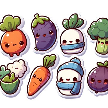 Set of stickers or patches with diet food, fruits, vegetables, on a white background, cute characters. Isolated elements for design, flat vector illustration.