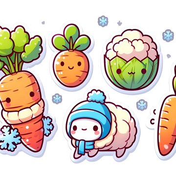 Set of stickers or patches with diet food, fruits, vegetables, on a white background, cute characters. Isolated elements for design, flat vector illustration.
