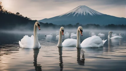 Fotobehang White swans swimming in the foggy and cloudy lake, Mount Fuji in the background  © abu