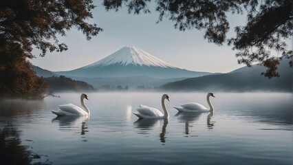 White swans swimming in the foggy and cloudy lake, Mount Fuji in the background
