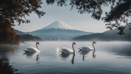 Schilderijen op glas White swans swimming in the foggy and cloudy lake, Mount Fuji in the background  © abu