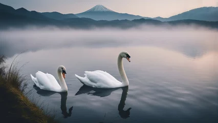 Gordijnen White swans swimming in the foggy and cloudy lake, Mount Fuji in the background  © abu