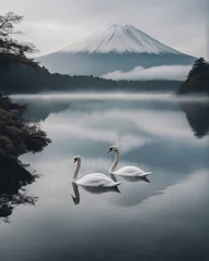 Küchenrückwand glas motiv White swans swimming in the foggy and cloudy lake, Mount Fuji in the background  © abu