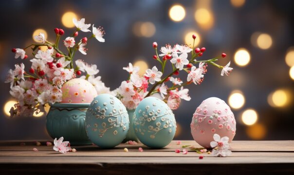 three easter eggs sit on a wooden table with green and pink flowers,