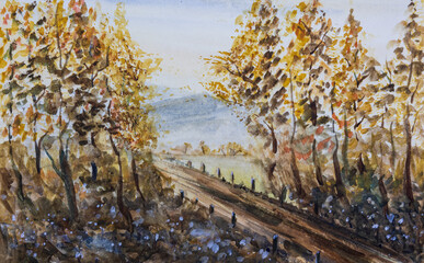 Path going through autumn foliage leaf forest with distant mountain. Hand painted watercolor landscape background