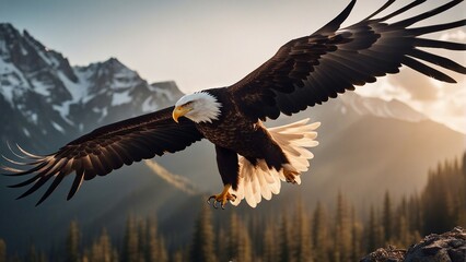bald eagle flyin over mountains with wings spread, sunlight coming from behind
 - obrazy, fototapety, plakaty