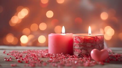 Romantic valentine day background with candles, heart and bokeh
