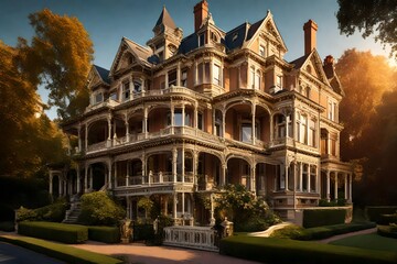 Generate an image of a grand Victorian mansion with intricate detailing, bathed in the warm...