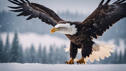 bald eagle flying towards the camera in snowfall 

