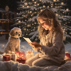 Little Girl with cute dog and the Cozy Christmas Tree