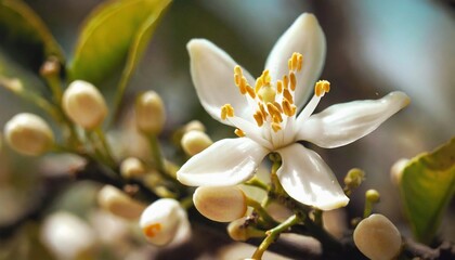 Extreme close-up of a lemon tree in blossoms emerging fruits in the heart of spring