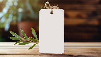 white blank tag with blank front realistic on a mockup template in a wooden table with olive leaf branch