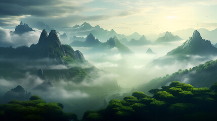 Some foggy green hills surrounded by mountains