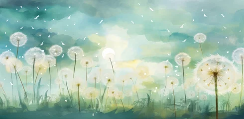 Fotobehang white dandelions and sunlight in background, © ArtCookStudio
