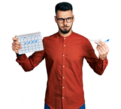Young hispanic man with beard holding plane toy and travel calendar skeptic and nervous, frowning upset because of problem. negative person.