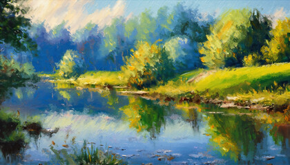Fototapeta na wymiar Beautiful Lake View in the Forest. Oil Painting Artwork