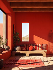Warmth of terra, cozy desert interior with vibrant textiles. Generative AI