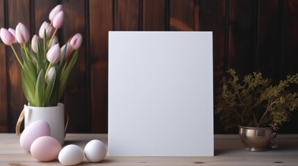 White greeting card with blank front, realistic on a mockup template in a wooden table in a easter luxuty background in home inside,