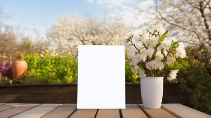 White greeting card with blank front, realistic on a mockup template in a wooden table in a easter luxuty background in home inside,