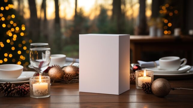 White greeting card with blank front, realistic on a mockup template in a wooden table in a christmas luxuty background in home inside,