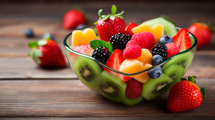 Delicious fruits in a heart-shaped plate on a wooden table