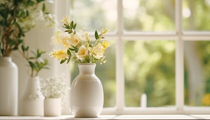 white vase in front of window,